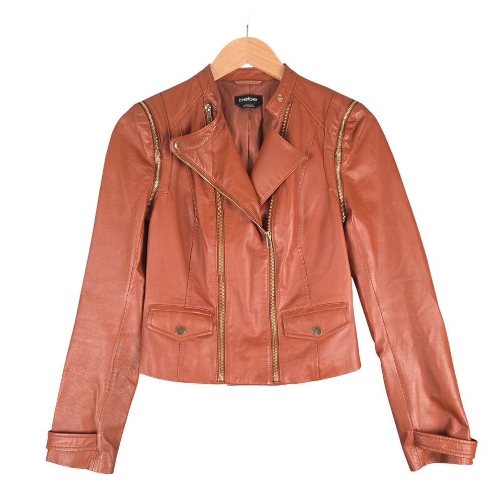 Bebe Womens Cognac Wine Brown Leather Moto Jacket XS Removable Sleeves Biker